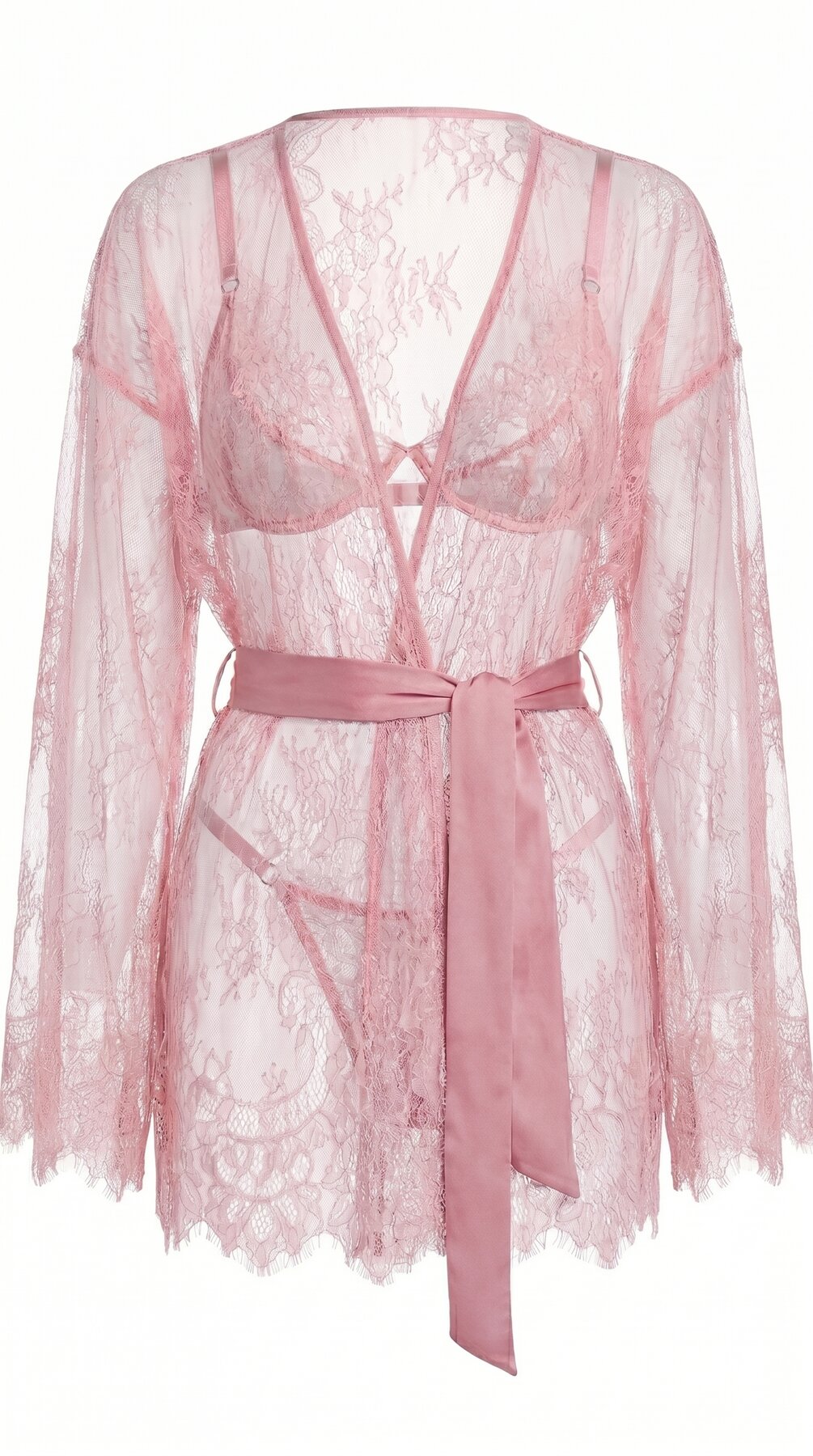 Handcrafted pink lace Femme Totale set featuring a luxury robe, bra, and panties.