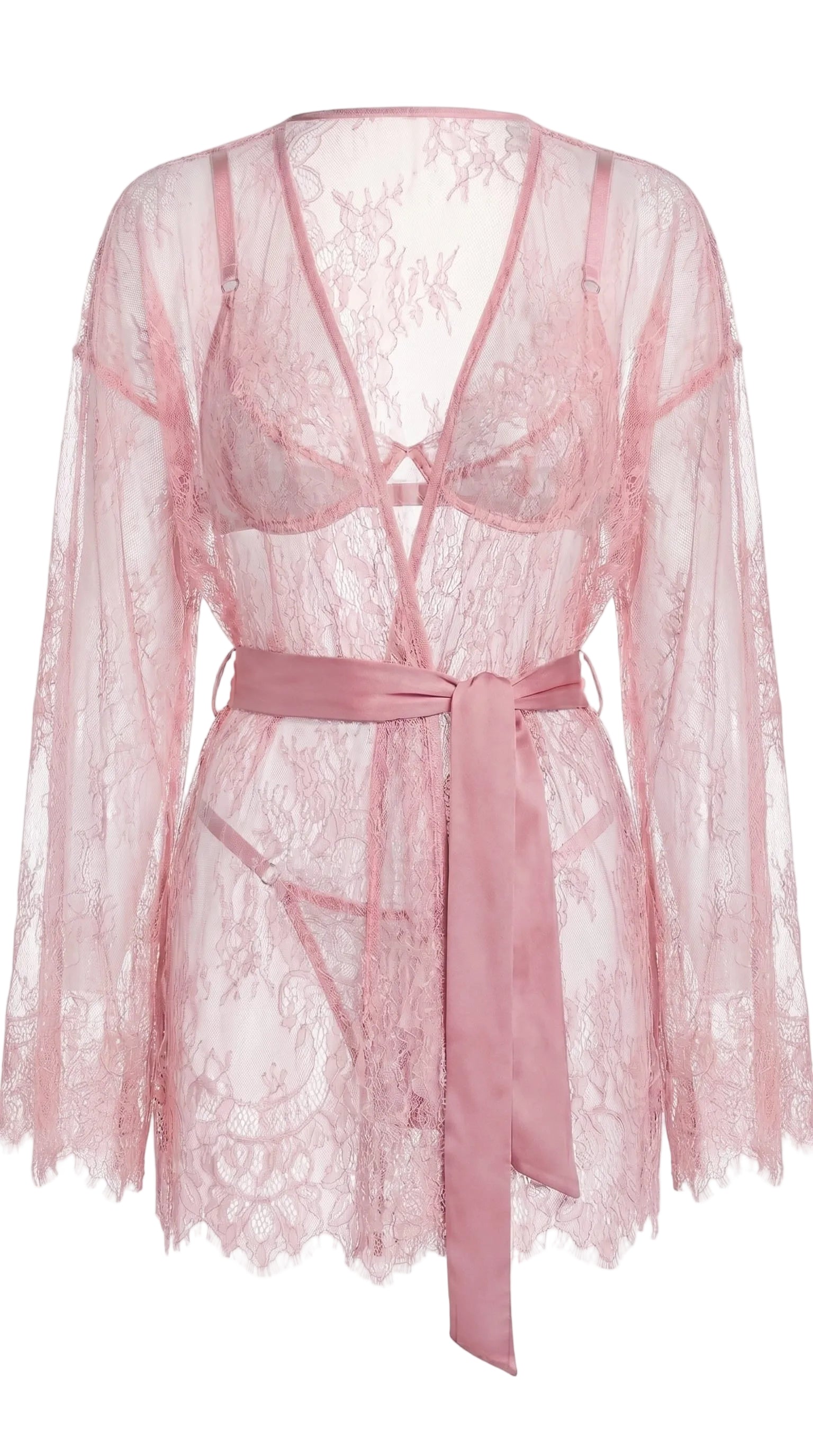 Handcrafted pink lace Femme Totale set featuring a luxury robe, bra, and panties.