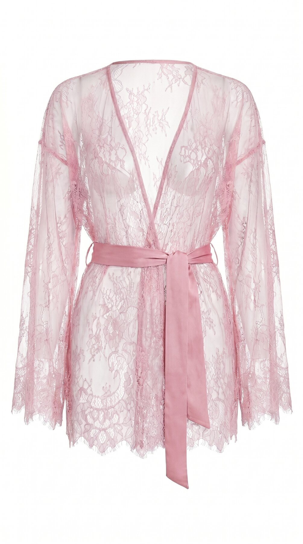 Ethereal pink lace robe with wide sleeves from the bespoke Femme Totale nightwear series.