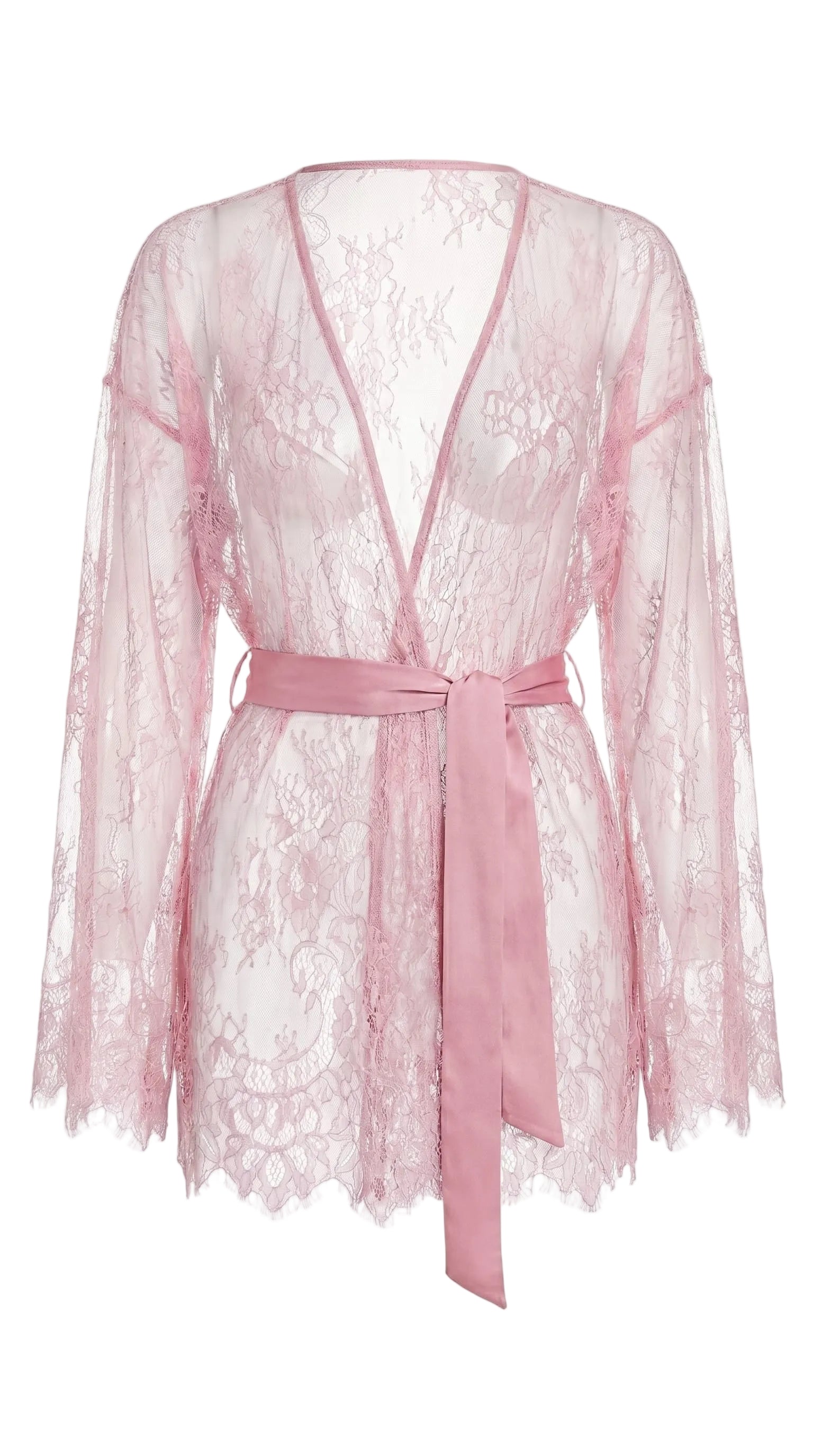 Ethereal pink lace robe with wide sleeves from the bespoke Femme Totale nightwear series.