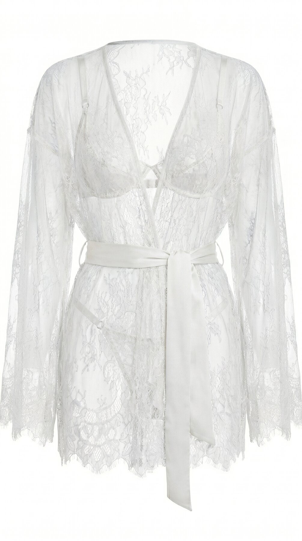 Full view of the handcrafted white lace Femme Totale nightwear set featuring robe, bra, and panties.