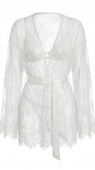 Full view of the handcrafted white lace Femme Totale nightwear set featuring robe, bra, and panties.