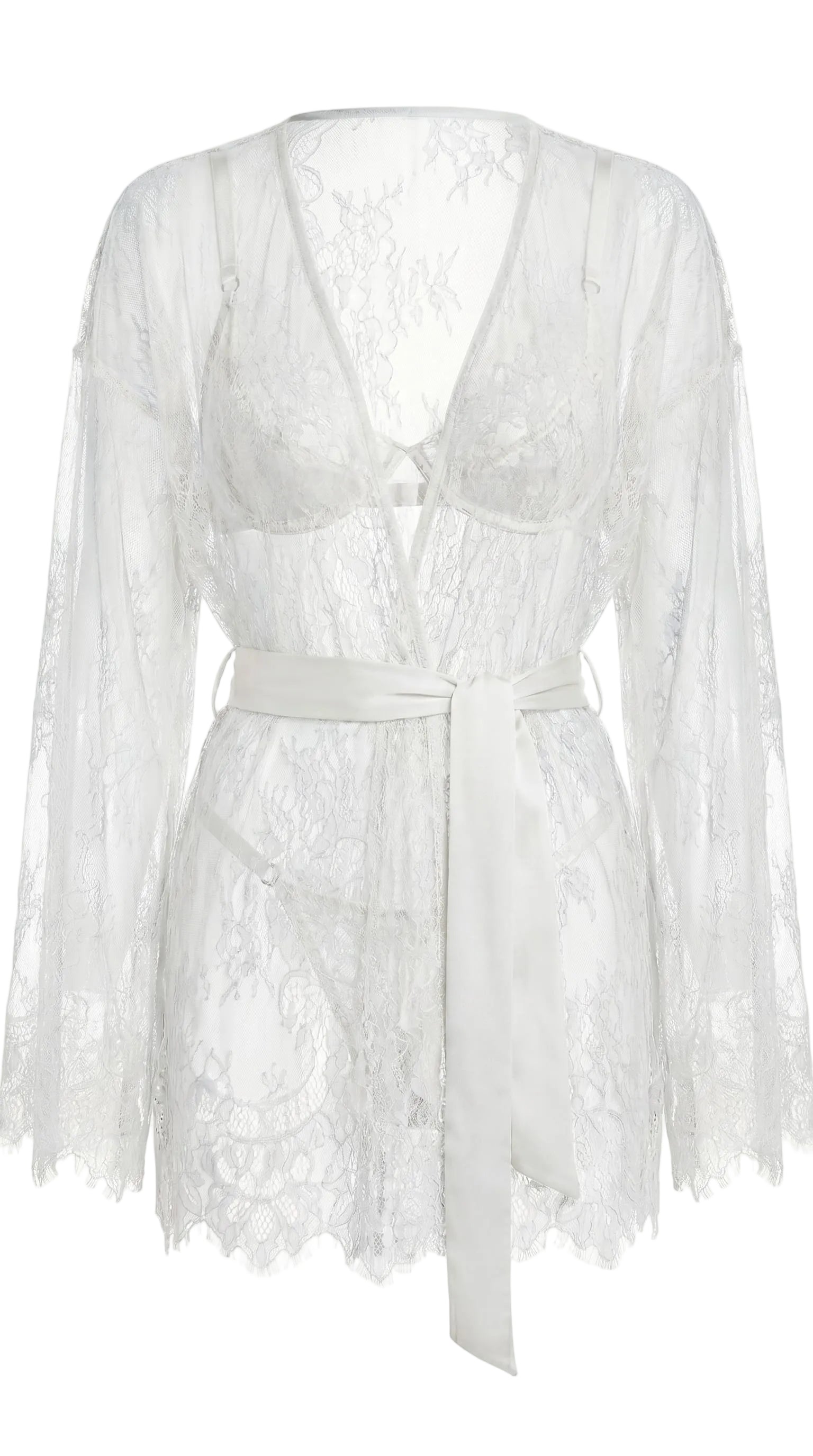Full view of the handcrafted white lace Femme Totale nightwear set featuring robe, bra, and panties.