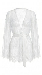 Full view of the handcrafted white lace Femme Totale nightwear set featuring robe, bra, and panties.