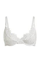 Full view of the handcrafted white lace Femme Totale nightwear set featuring robe, bra, and panties.
