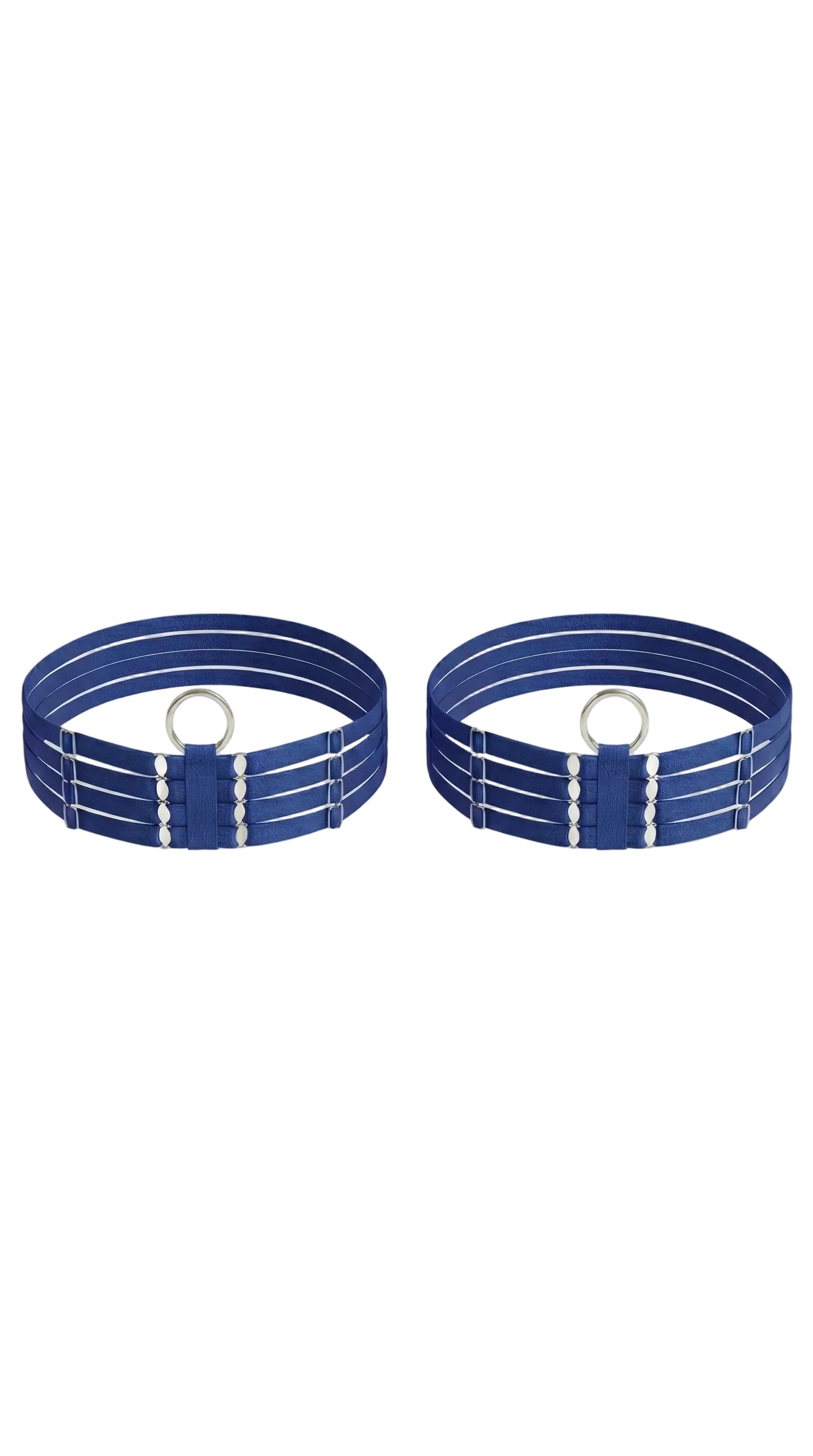 Bespoke blue Quartet leg garter featuring a sophisticated four-strap design.