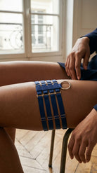 Model wearing the Quartet blue garter for a custom, precision fit.