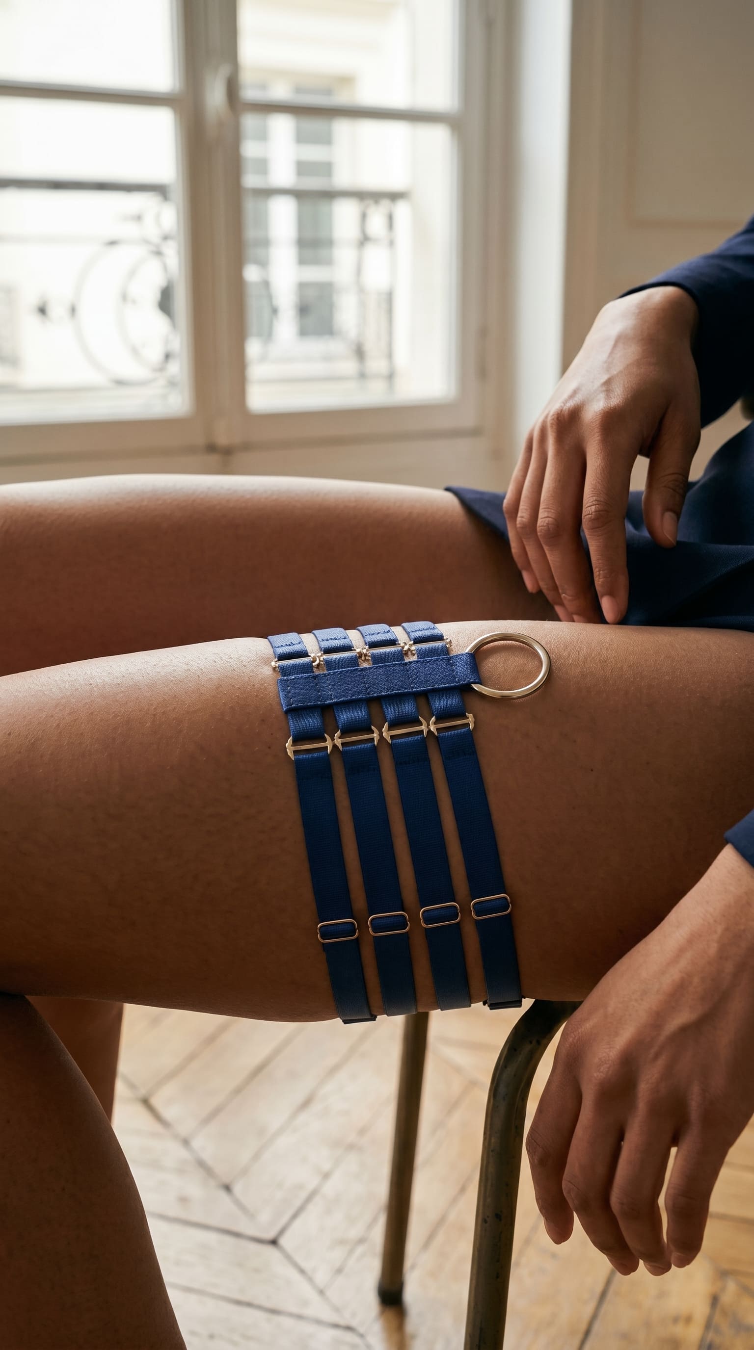Model wearing the Quartet blue garter for a custom, precision fit.