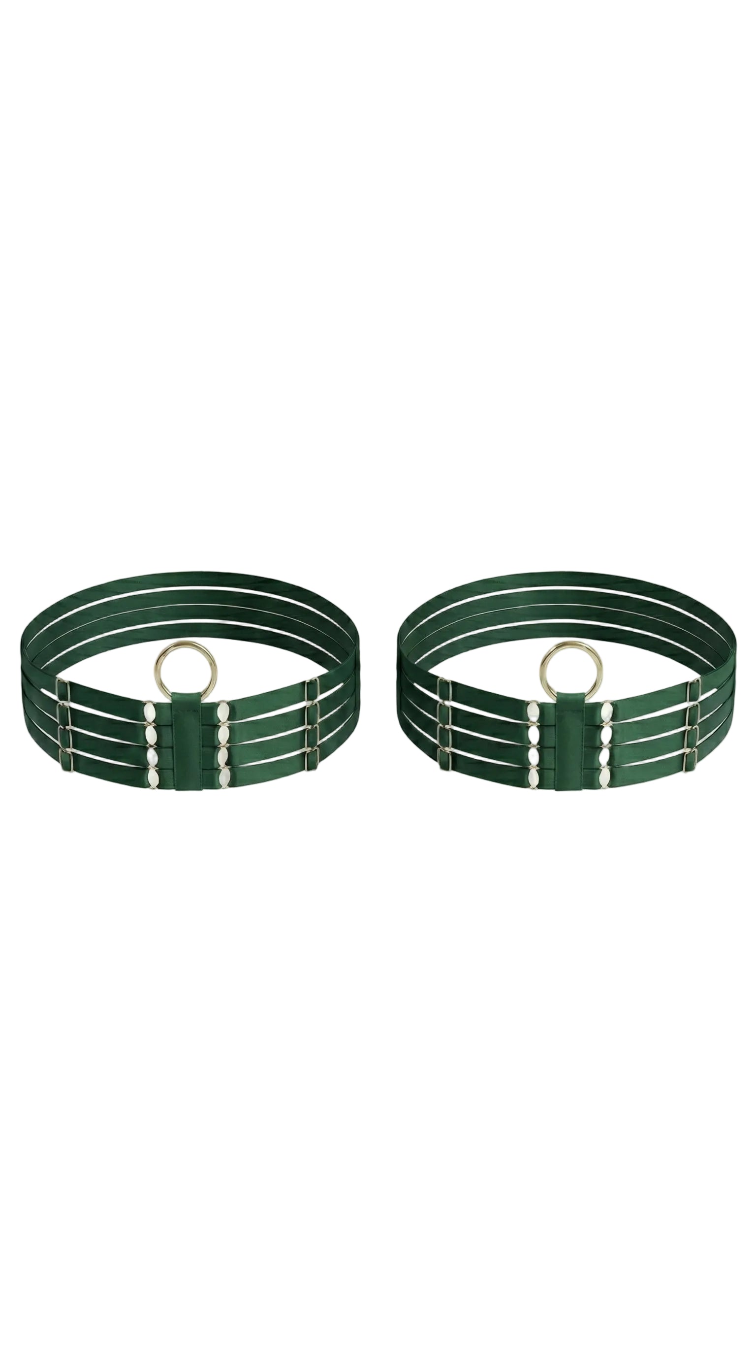 Bespoke green Quartet leg garter featuring a sophisticated four-strap design.