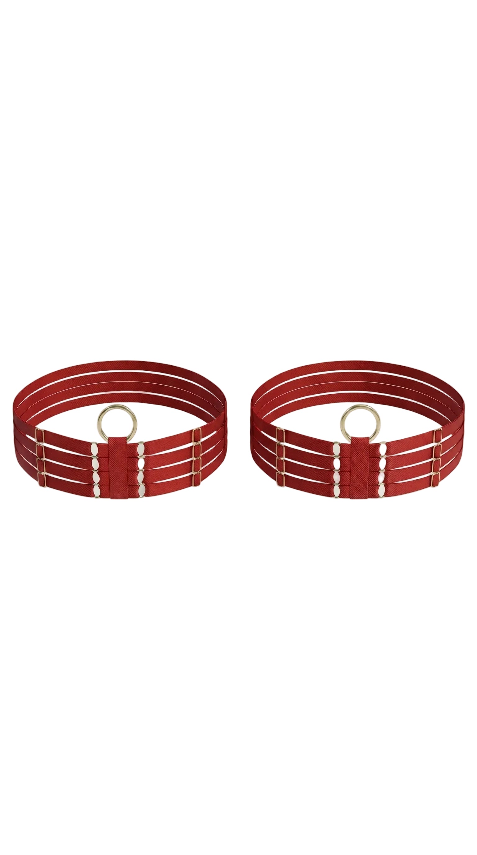 Bespoke red Quartet leg garter featuring a sophisticated four-strap design.