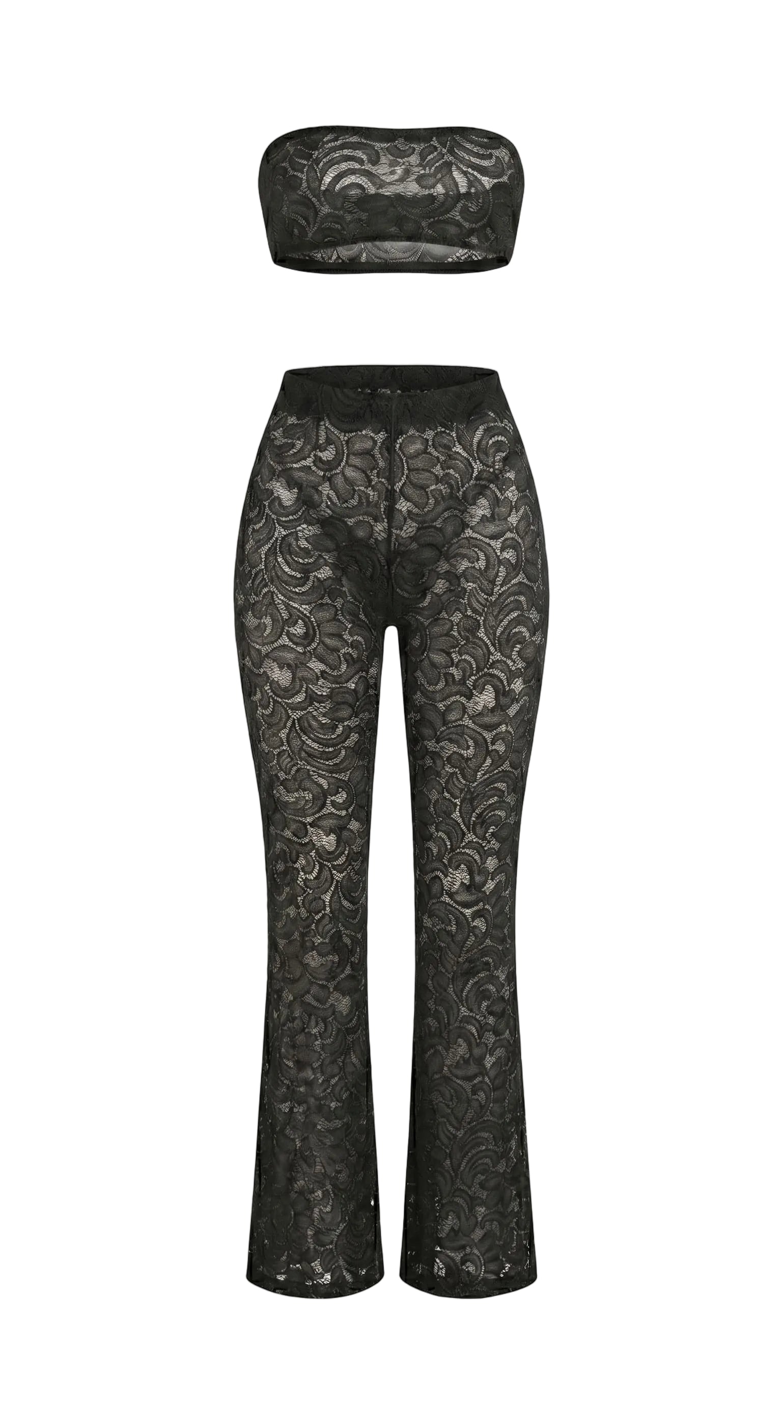 Bespoke black Goddess Aura lace suit with flared pants and bandeau top.