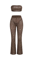 Bespoke brown Goddess Aura lace suit with flared pants and bandeau top.