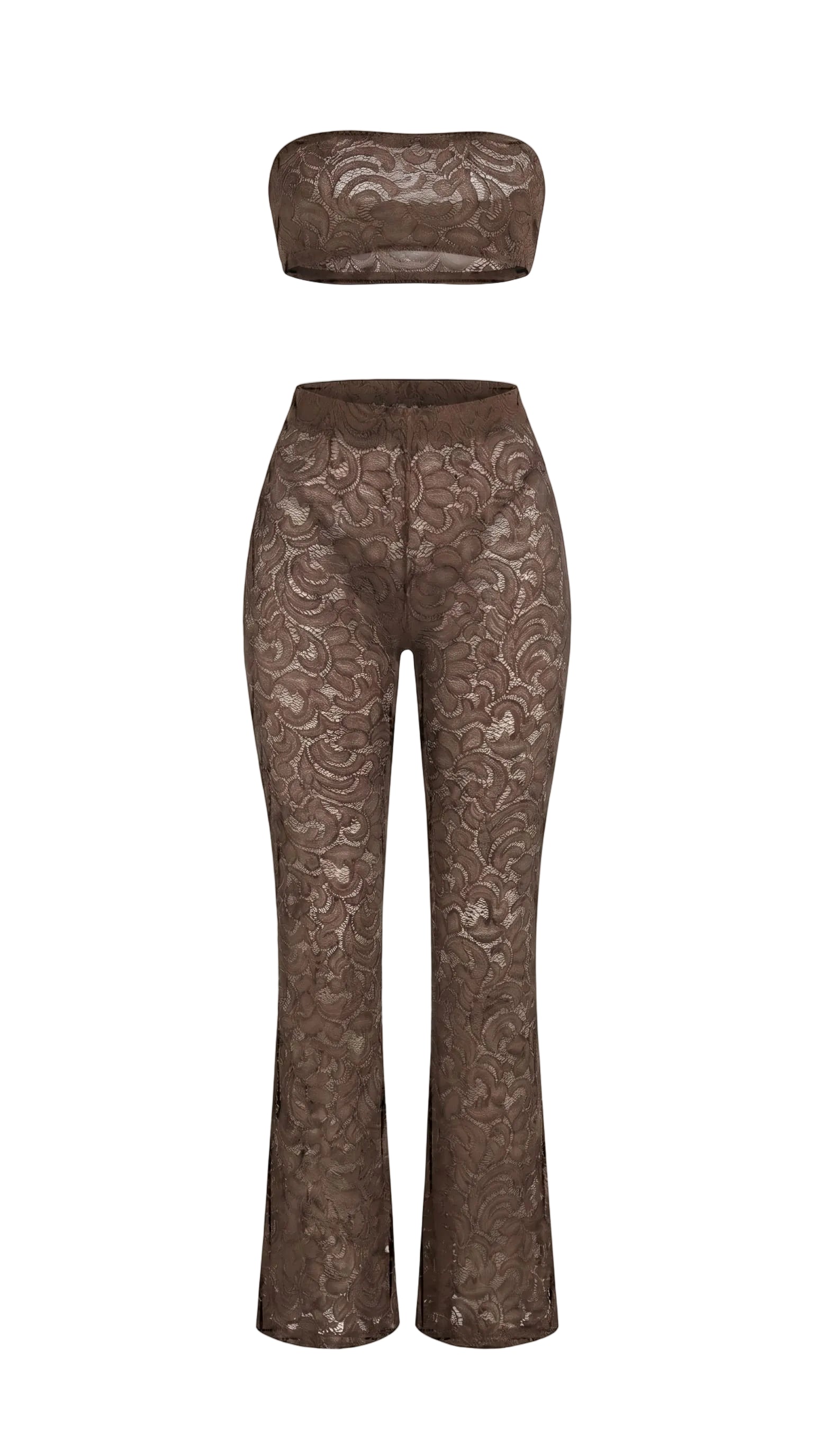 Bespoke brown Goddess Aura lace suit with flared pants and bandeau top.