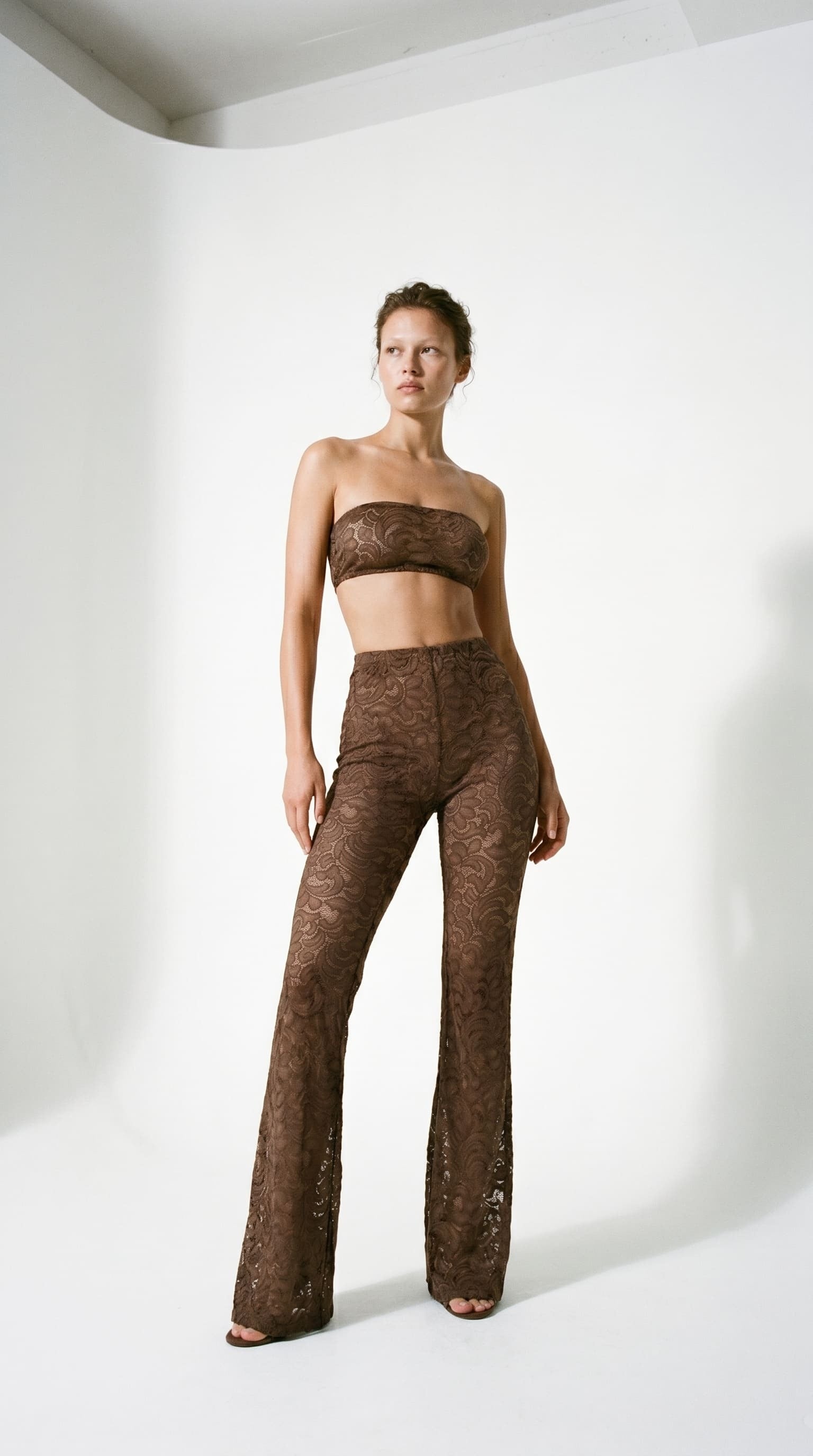 Handcrafted brown floral lace jumpsuit from the Goddess Aura collection.