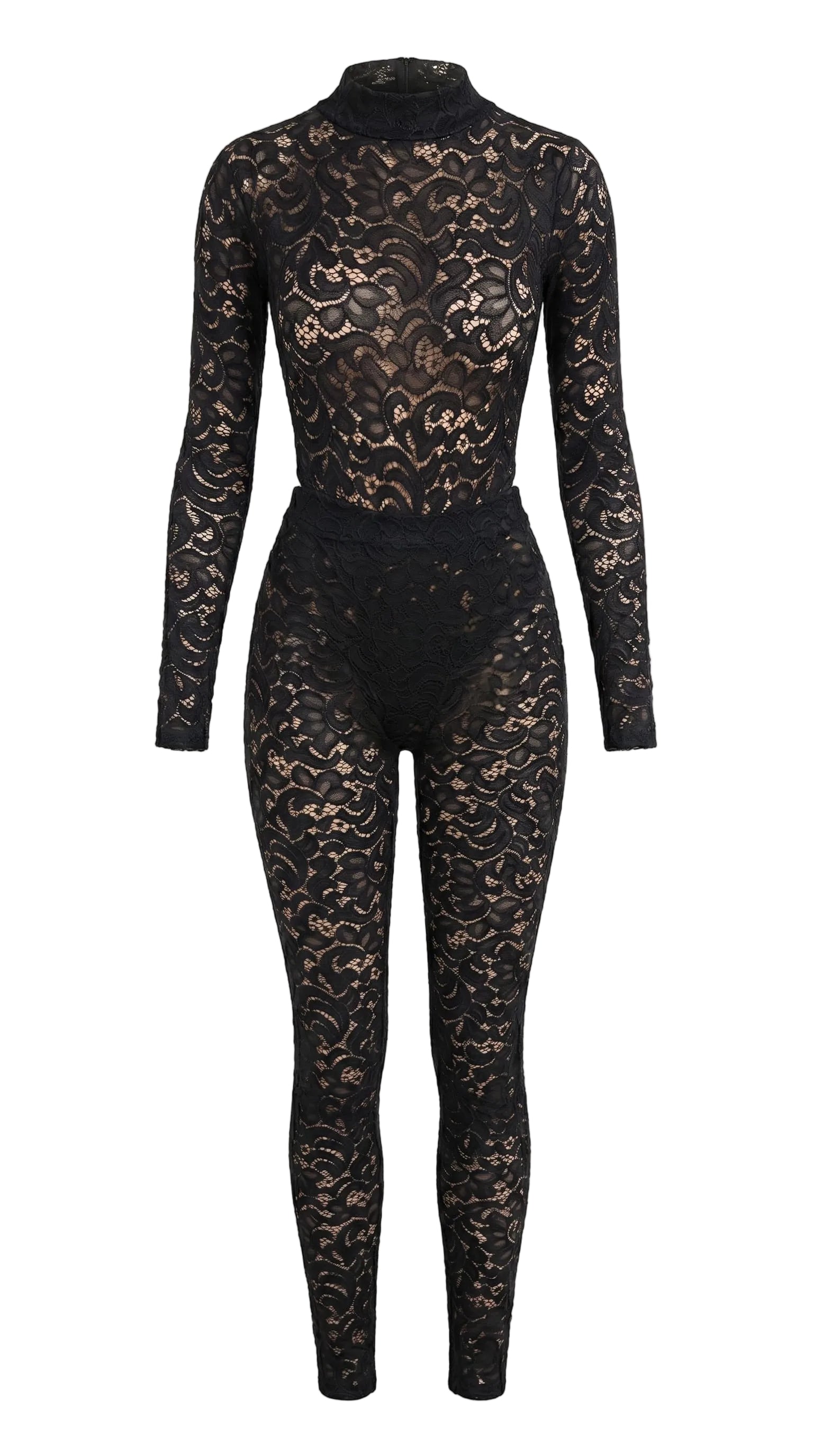 Bespoke black floral lace suit with a high-neck design for an architectural second-skin fit.