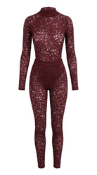 Provocative bordeaux lace jumpsuit from the Iness de Nuit series with a powerful second-skin fit.
