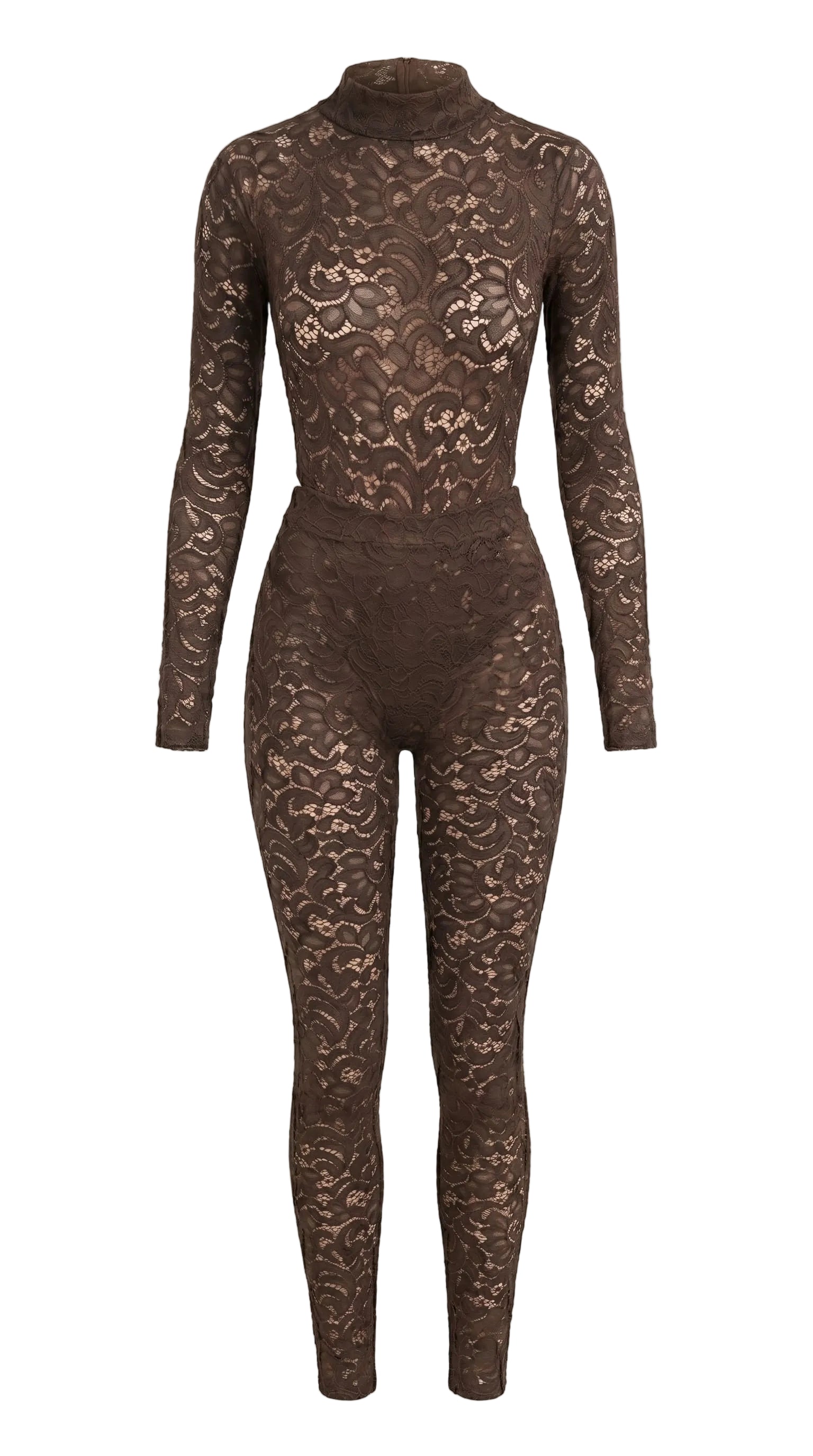 Cinematic back view of the brown Iness de Nuit lace suit featuring custom architectural tailoring.