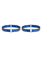 Handcrafted blue leg garter featuring signature gold-plated rings.
