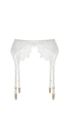 High-waisted Jasmine white lace garter belt with adjustable gold-toned straps.