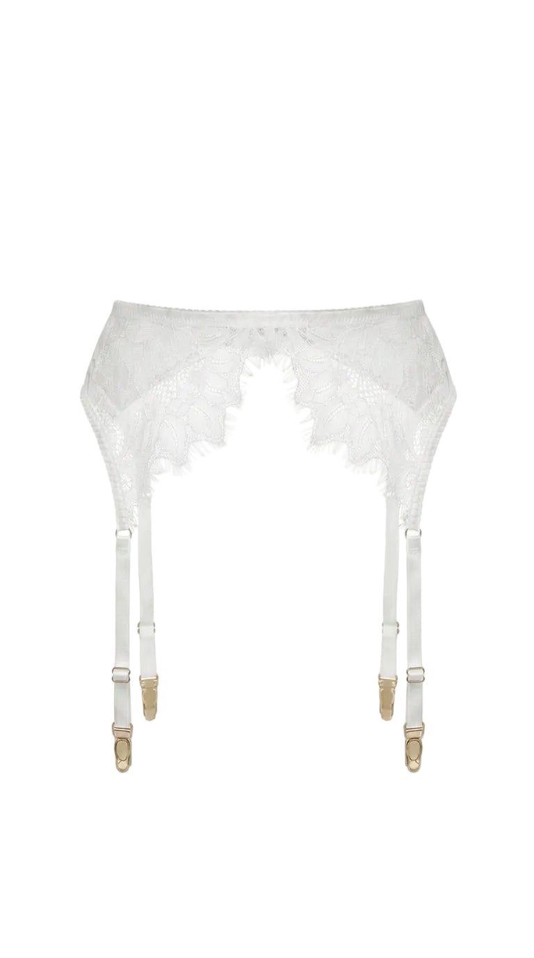 High-waisted Jasmine white lace garter belt with adjustable gold-toned straps.