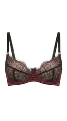 Jia Bordeaux lace bra featuring architectural mesh panels and custom precision tailoring.