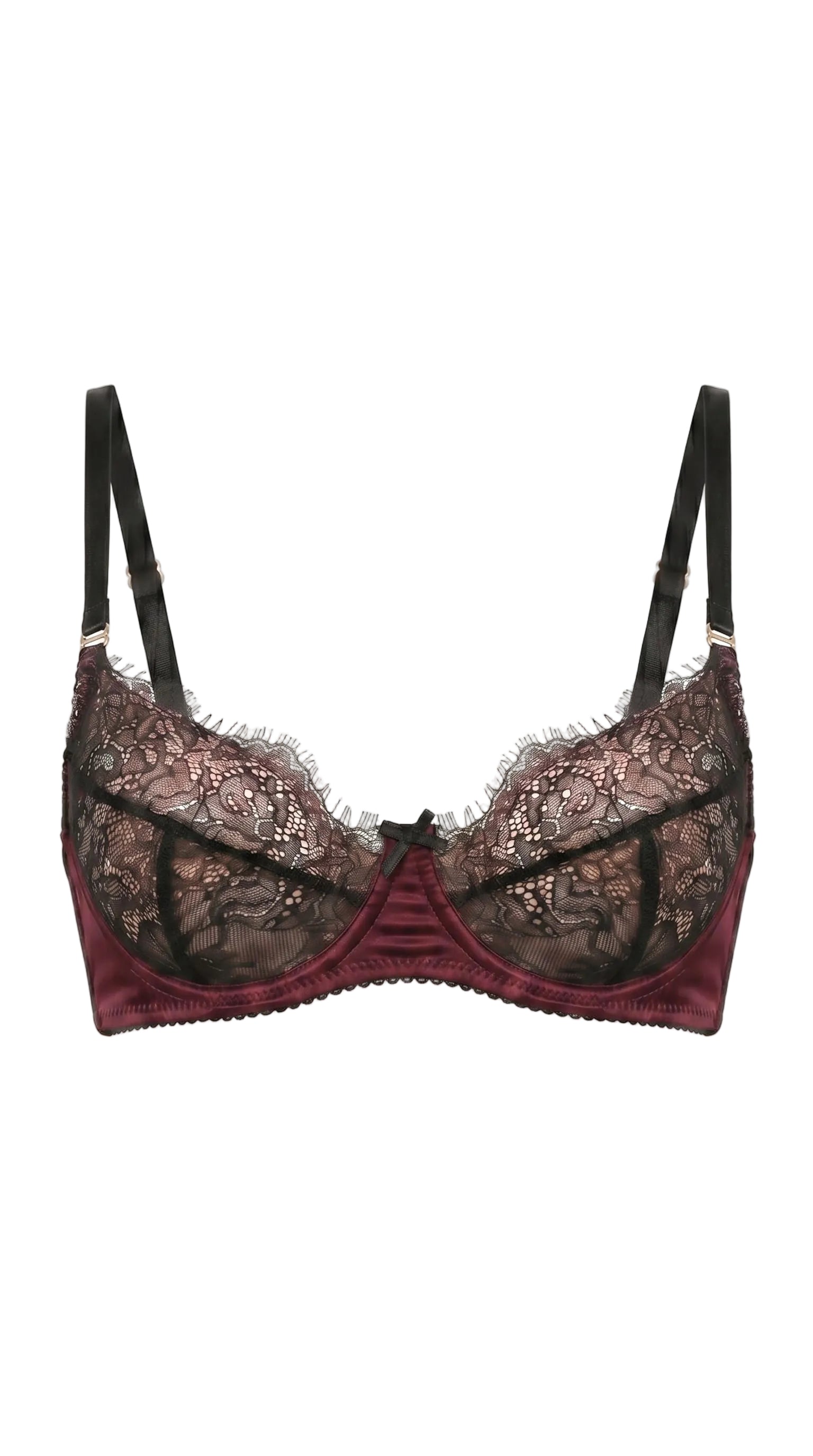 Jia Bordeaux lace bra featuring architectural mesh panels and custom precision tailoring.