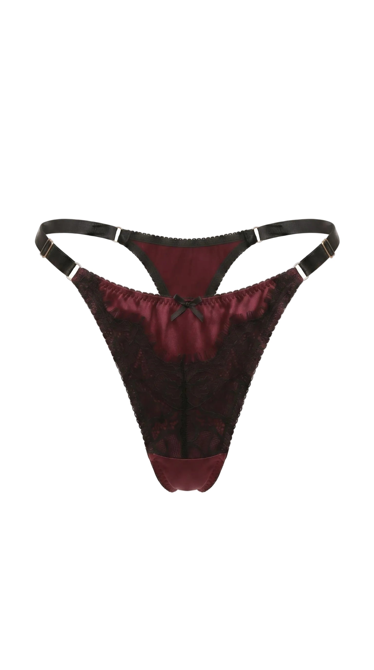 Detailed view of handcrafted deep red lace embroidery on the Jia lingerie set.