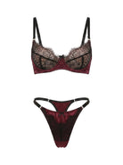 Jia Bordeaux lingerie set featuring intricate wine-colored lace and architectural strapping.