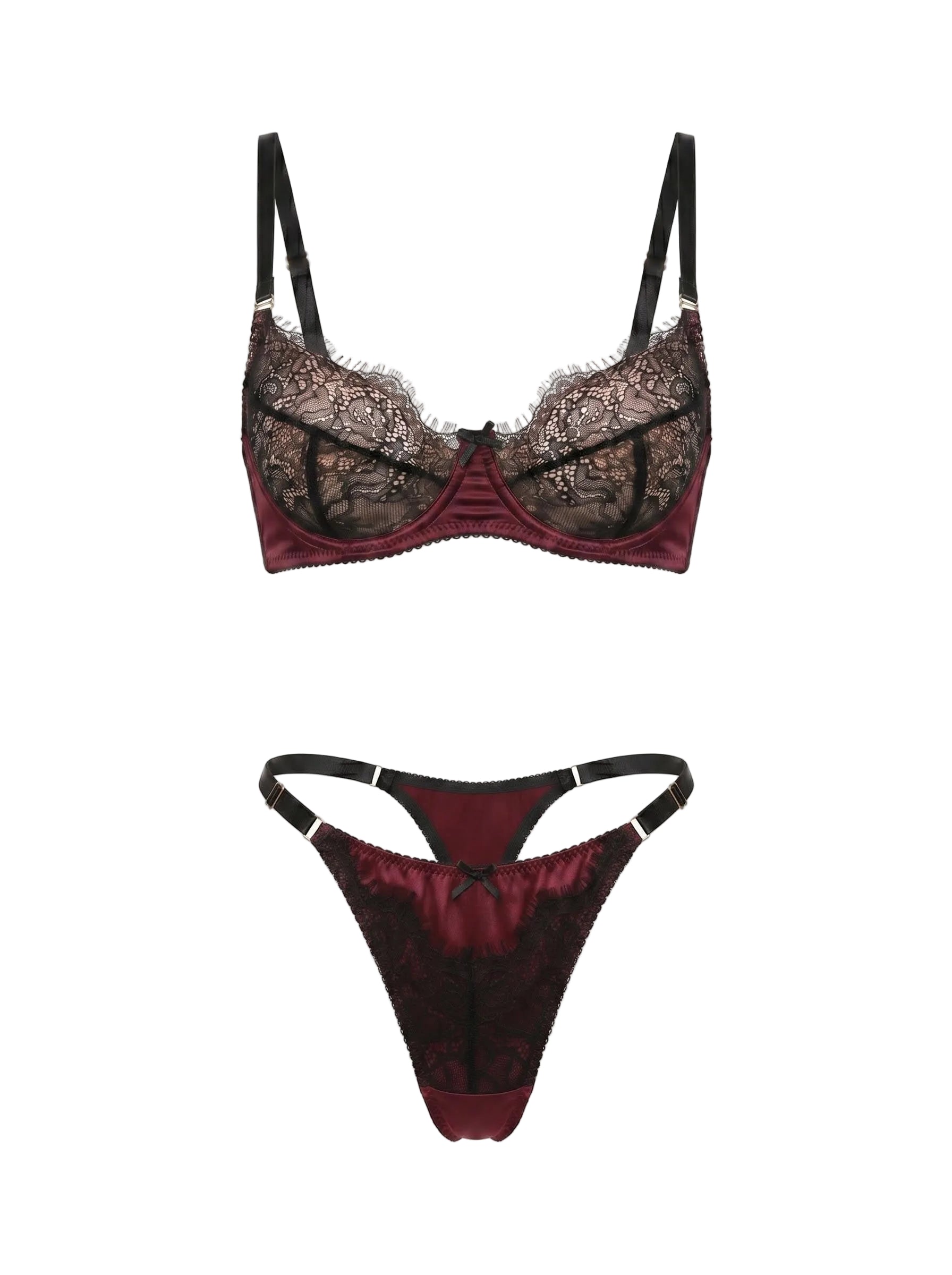 Jia Bordeaux lingerie set featuring intricate wine-colored lace and architectural strapping.
