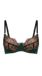 Jia Emerald lace bra featuring architectural mesh panels and custom precision tailoring.