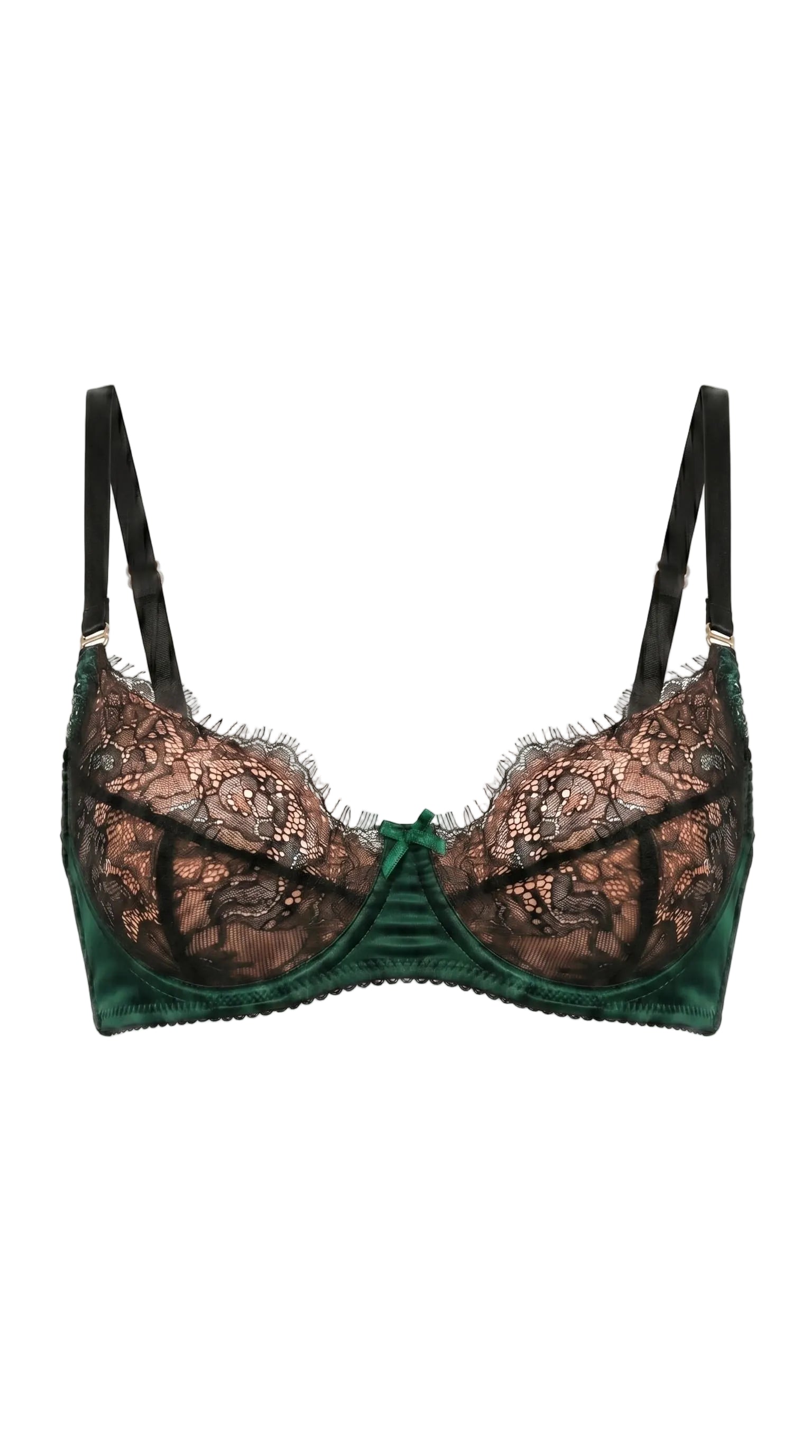 Jia Emerald lace bra featuring architectural mesh panels and custom precision tailoring.