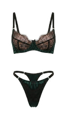 Bespoke Jia emerald lingerie set featuring intricate green floral lace and architectural mesh.