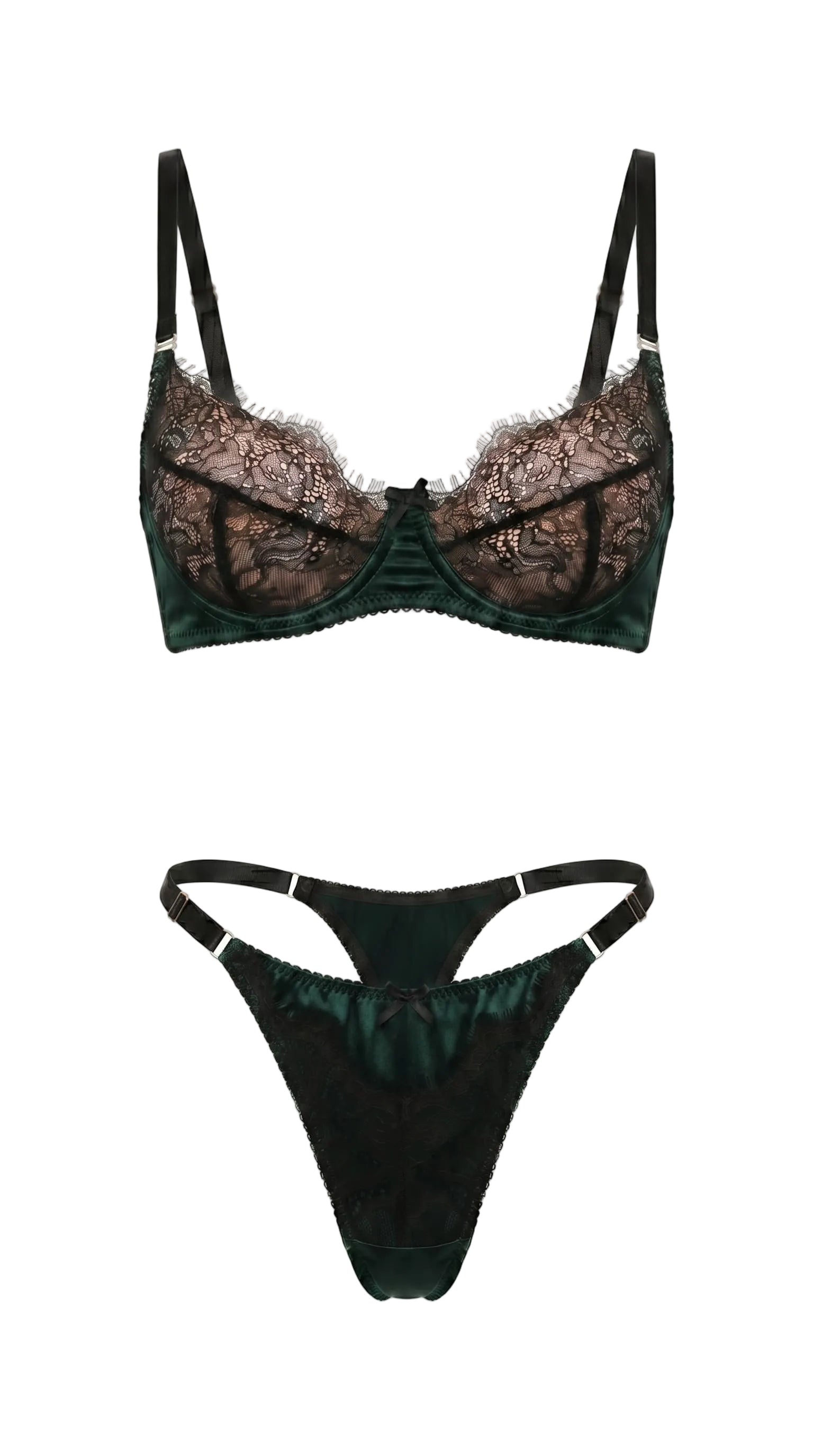 Bespoke Jia emerald lingerie set featuring intricate green floral lace and architectural mesh.