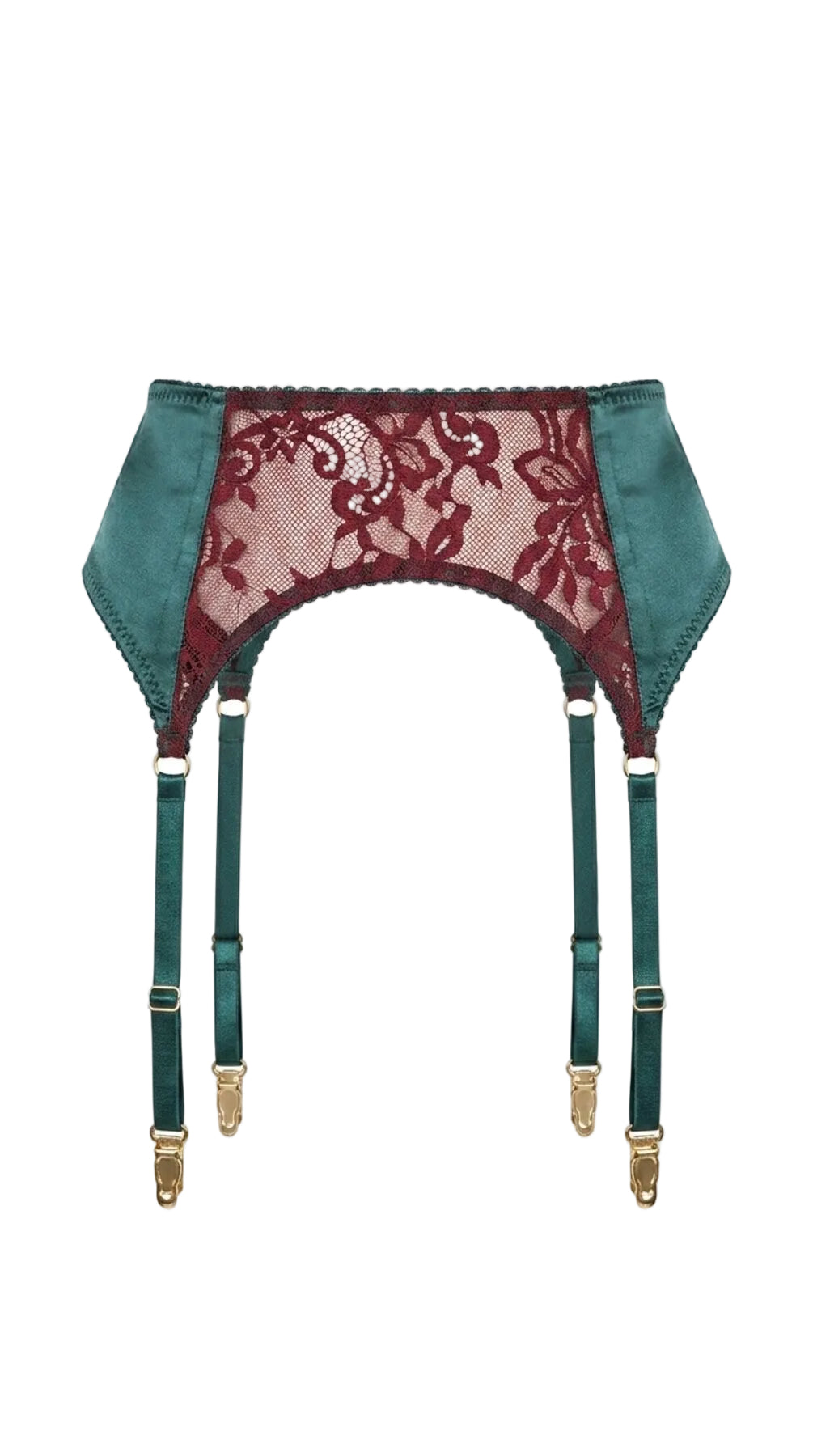 Product shot of the Kleo emerald garter belt with burgundy lace overlay on a white background, showing the floral lace paneling and gold clip hardware.