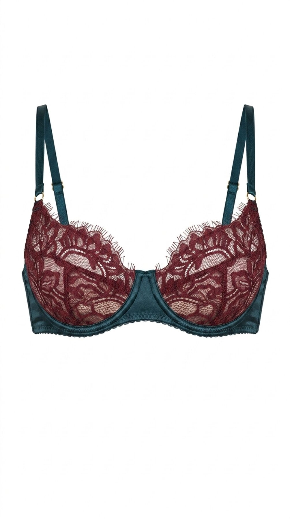 Product shot of the Kleo emerald satin bra with burgundy lace cups on a white background, featuring floral lace detailing and adjustable straps.