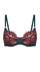 Product shot of the Kleo emerald satin bra with burgundy lace cups on a white background, featuring floral lace detailing and adjustable straps.