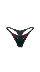 Product shot of the Kleo emerald satin thong with burgundy lace trim on a white background, highlighting the floral lace paneling and satin construction.