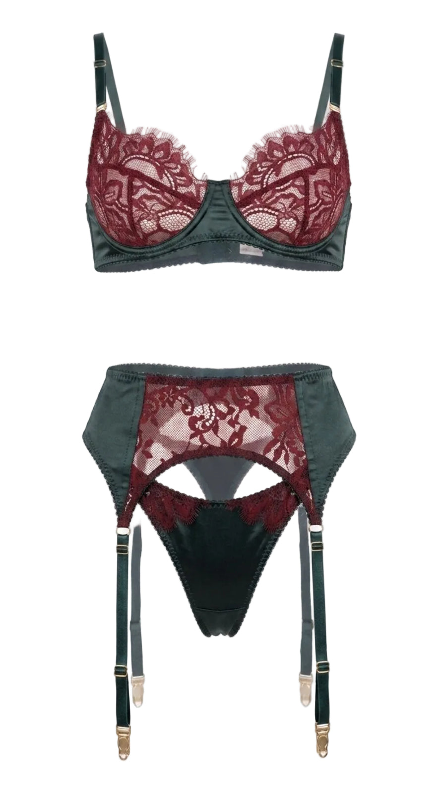 Product flat-lay of the Kleo emerald and burgundy lace bra and garter belt set on a white background, showing the floral lace pattern and satin trim.