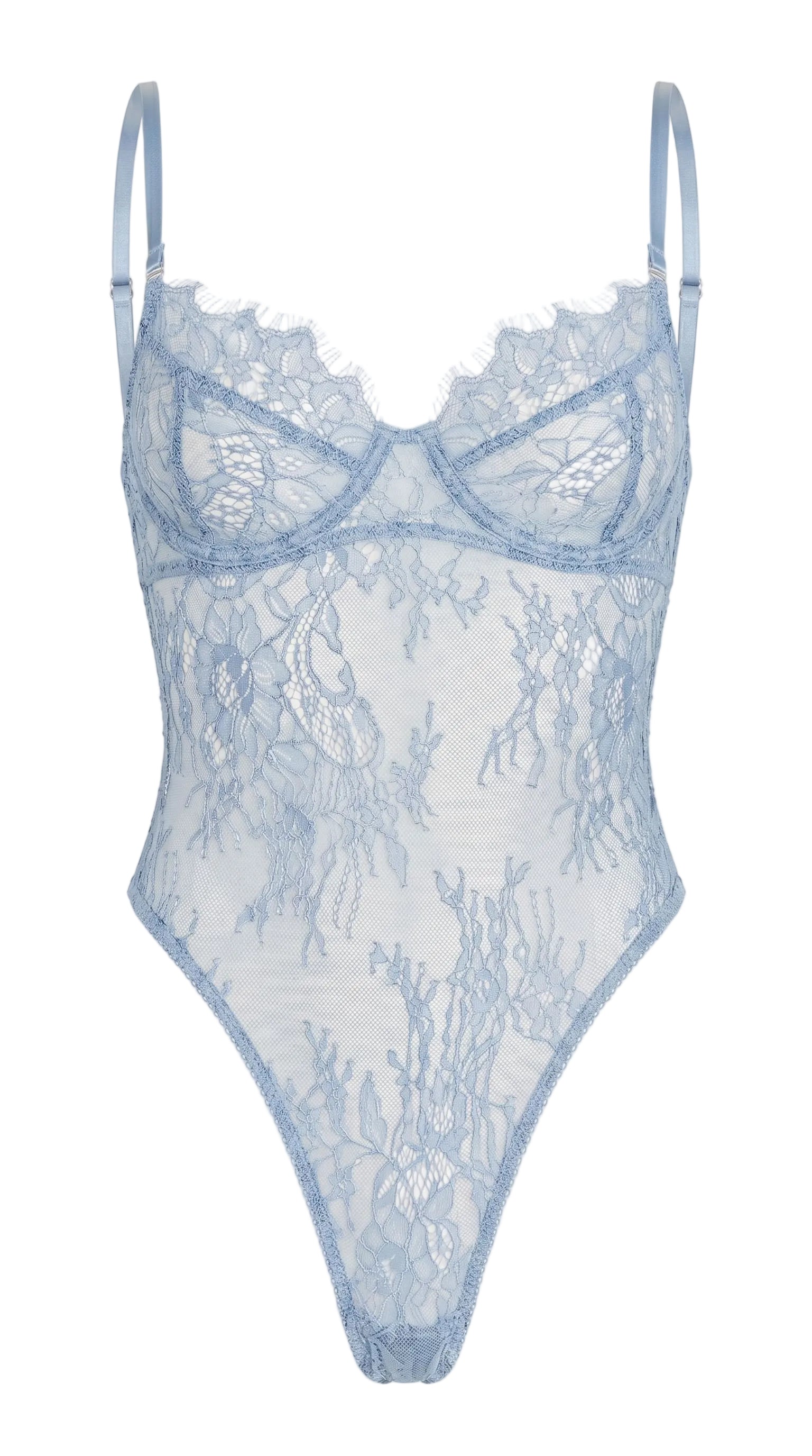 Back view close-up of the premium hook-and-eye closure and straps on the blue lace bra