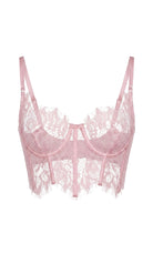 Close-up of the delicate pink floral lace panels and stitching on bodysuit