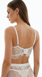 Lace Poetry white sheer lace bodysuit front view highlighting sheer panels