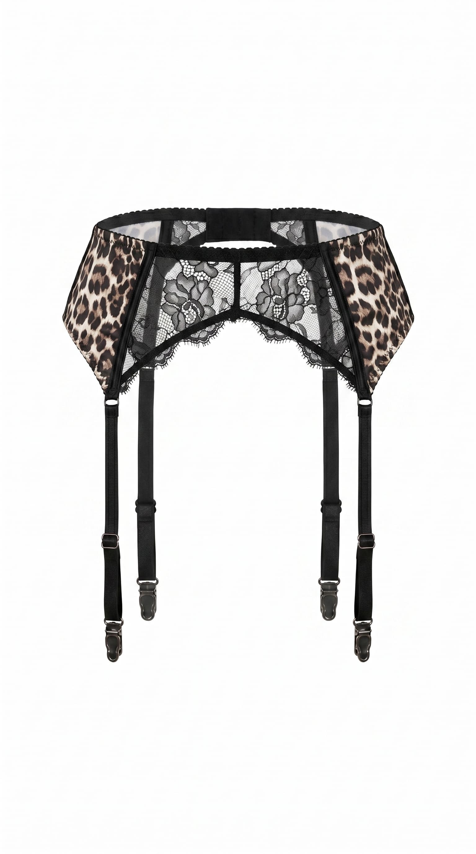 Handcrafted leopard print bra and high-waisted garter belt from the Leo collection.
