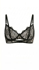 Leo black lace bra featuring leopard print mesh panels and custom precision tailoring.