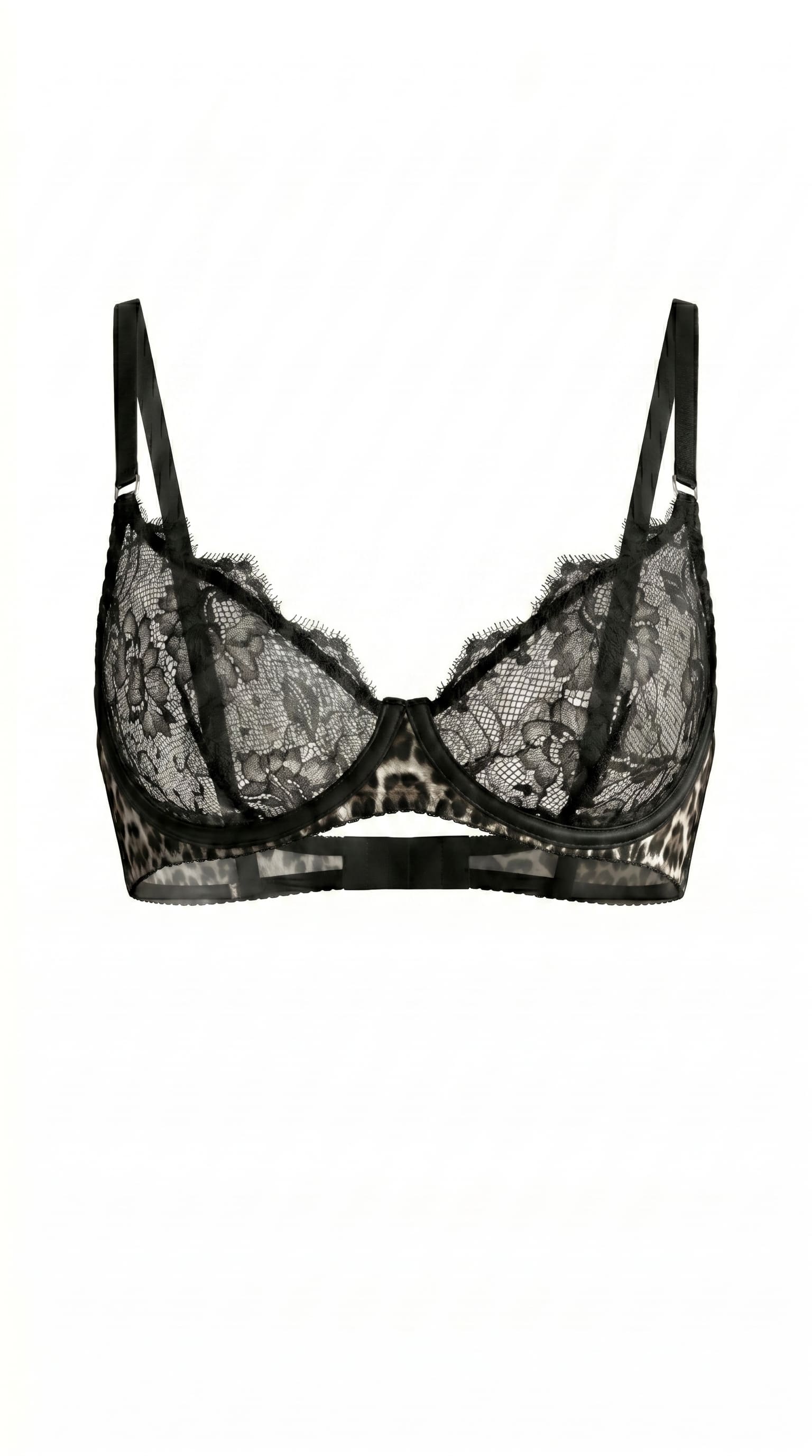 Leo black lace bra featuring leopard print mesh panels and custom precision tailoring.