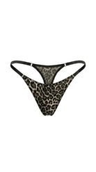 Detailed view of artisanal leopard mesh and sheer black lace on the Leo set.