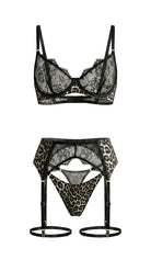 Fierce Leo black lingerie set featuring leopard print mesh and intricate noir lace.