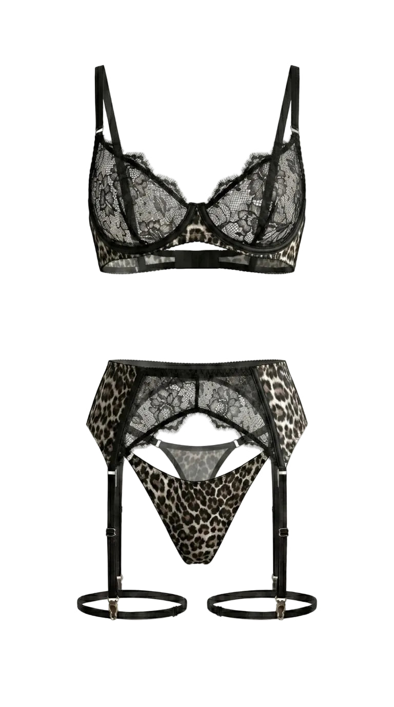 Fierce Leo black lingerie set featuring leopard print mesh and intricate noir lace.