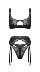 Front view of Erin Black 3-piece lingerie set featuring floral embroidery and ruffled garter belt.