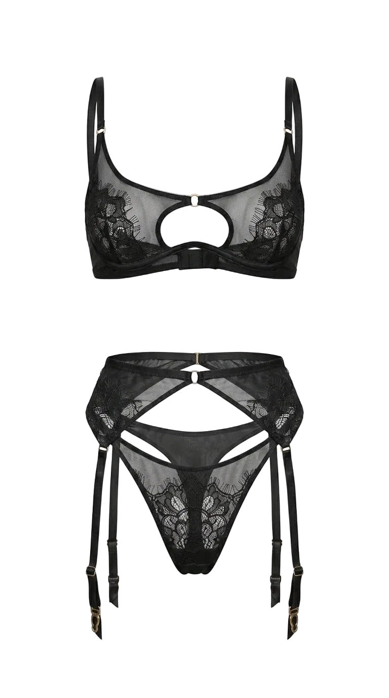 Front view of Erin Black 3-piece lingerie set featuring floral embroidery and ruffled garter belt.