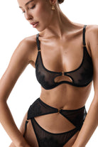 Front view of Erin Black 3-piece lingerie set featuring floral embroidery and ruffled garter belt.